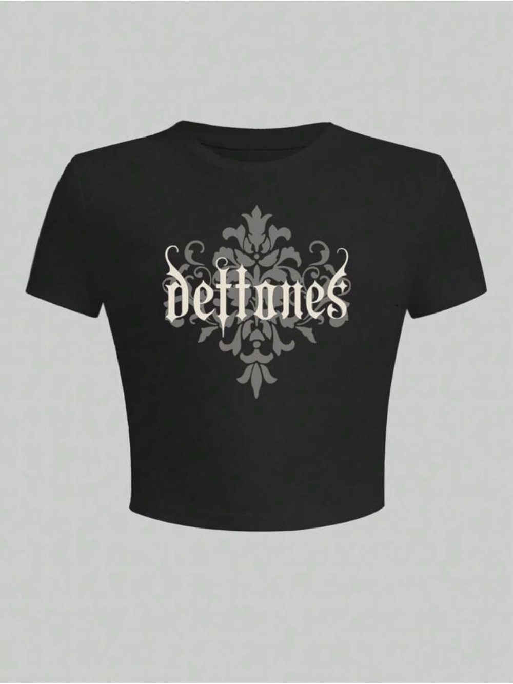 Black Deftones Band Tee Crop Top with Grey Graphic